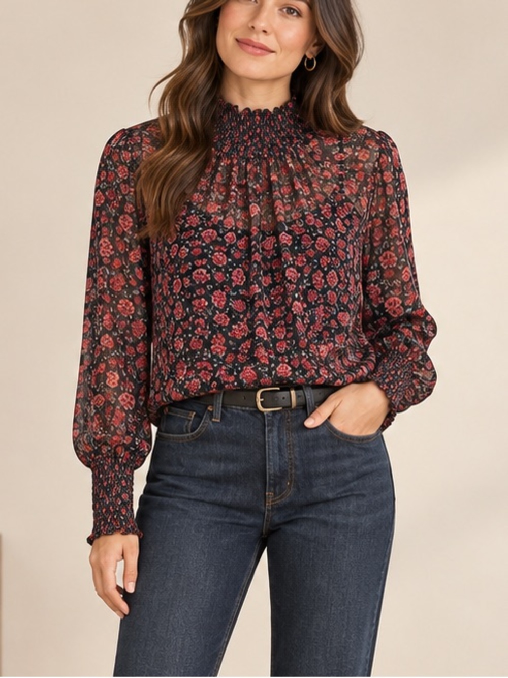 Romantic Black Red Floral Sheer Smocked Mock Neck Blouse Size S